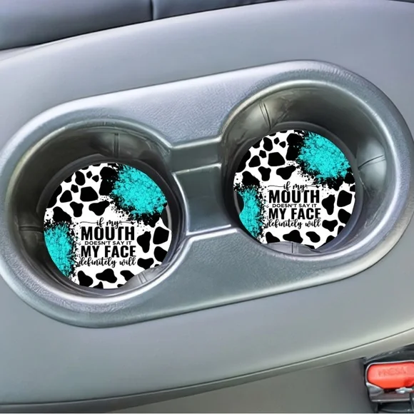 Cow Print Car Coasters with Teal Accents - Picture 5 of 6